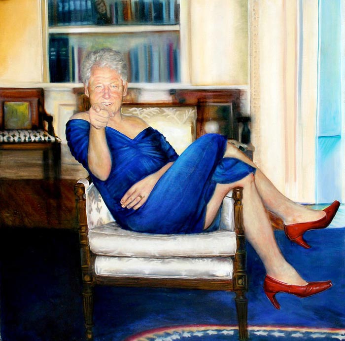 портрет Билл Клинтон в синем платье и женских туфлях