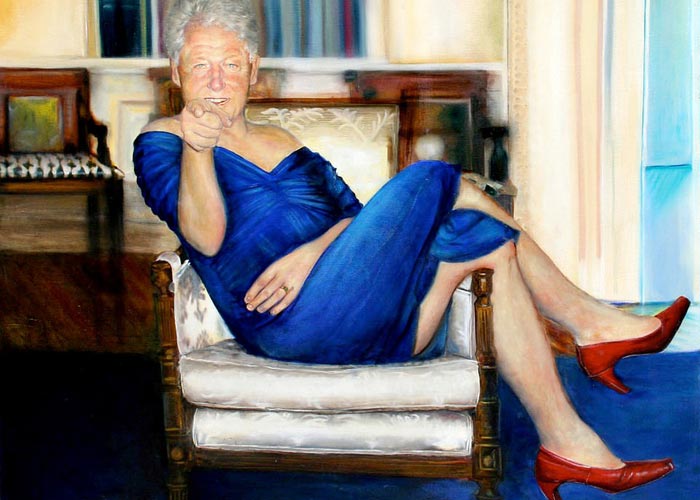 портрет Билла Клинтона в синем платье и женских туфлях