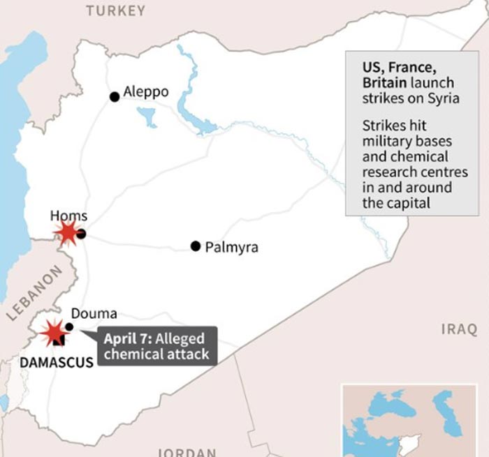 карта удара по Сирии 14 апреля 2018
