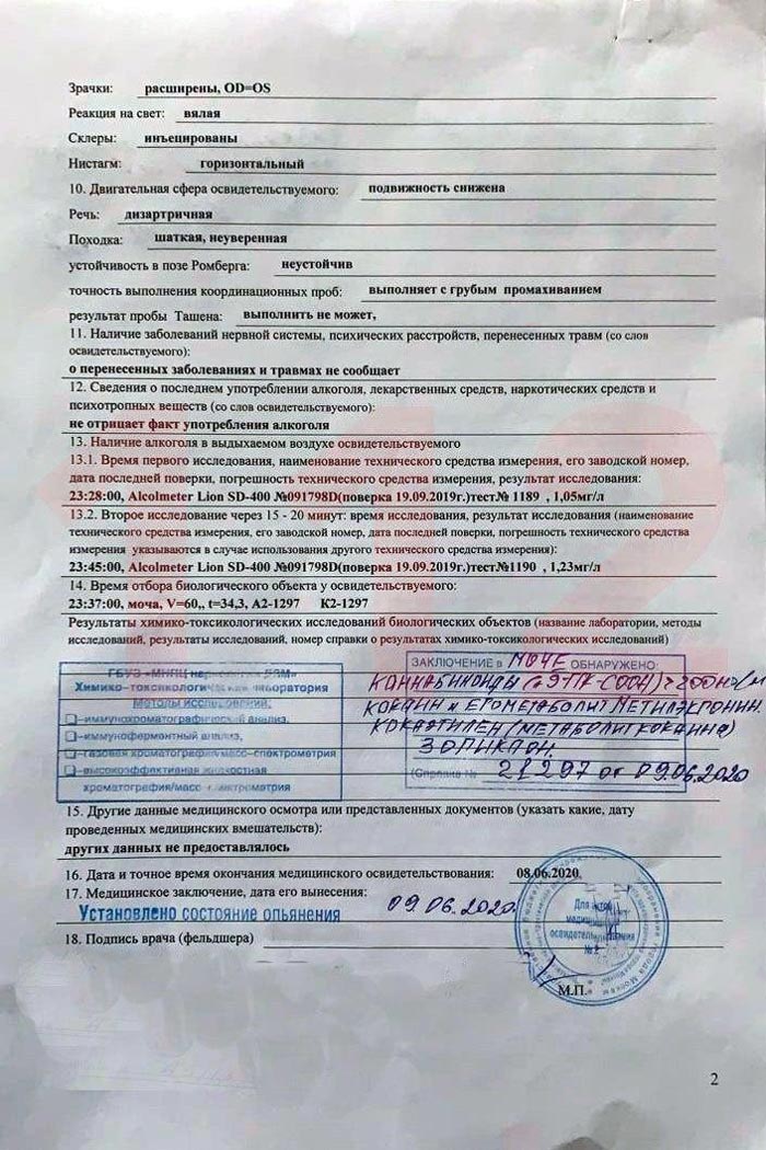 Акт медицинского освидетельствования Михаила Ефремова на состояние опьянения 2