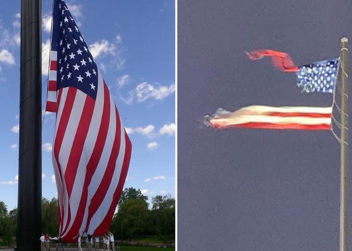 Молния надвое разрезала самый большой флаг США в мире
