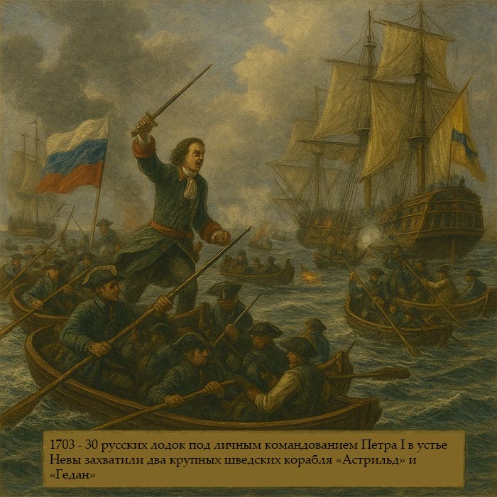 1703 год 30 русских лодок под личным командованием Петра I в устье Невы захватили два крупных шведских корабля «Астрильд» и «Гедан»