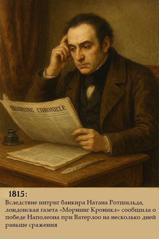 1815 год лондонская газета «Морнинг Кроникл» сообщила о победе Наполеона при Ватерлоо на несколько дней раньше сражения