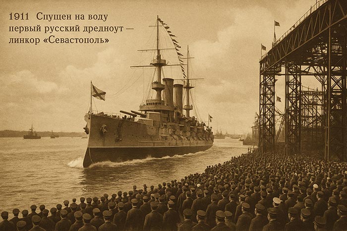 1911 год спущен на воду первый русский дредноут линкор «Севастополь»