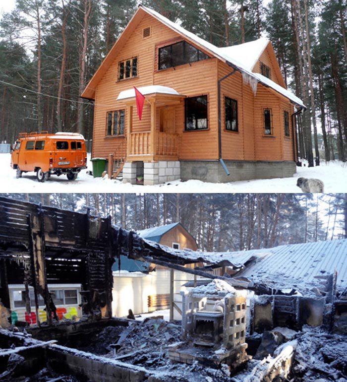Дом певицы Анастасии до и после пожара