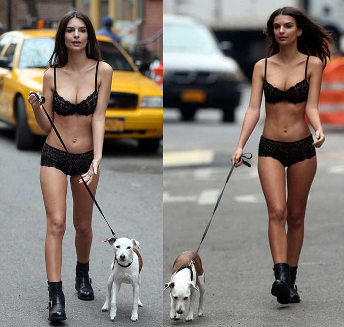 Эмили Ратаковски в нижнем белье с собакой в Нью-Йорке