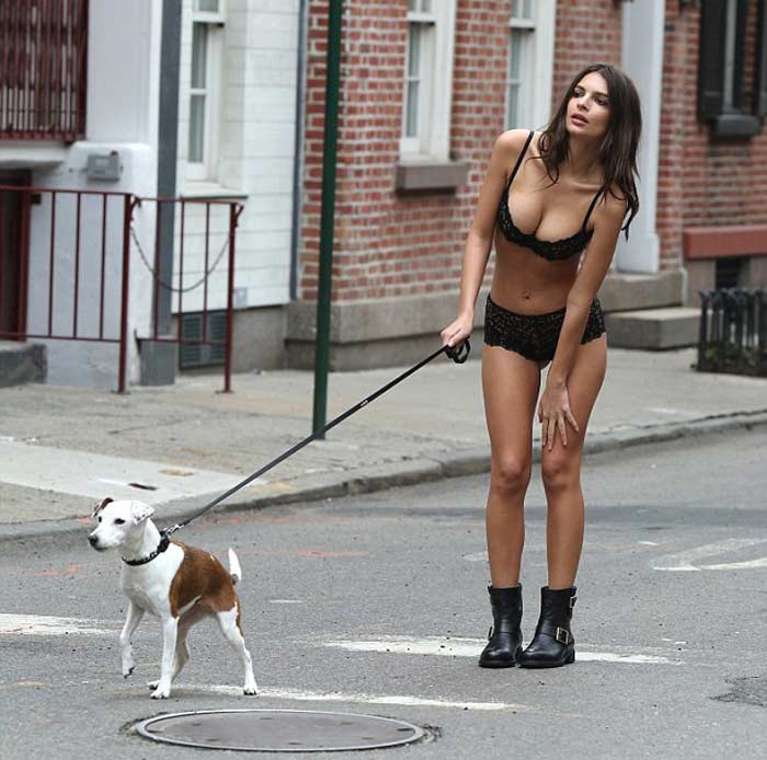 Эмили Ратаковски в нижнем белье с собакой в Нью-Йорке 2