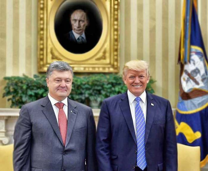 Трамп и Порошенко на фоне портрета Путина